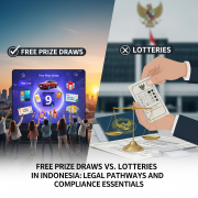 A split image shows the difference between free prize draws and lotteries in Indonesia. 