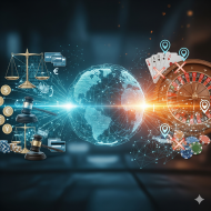 A digital globe at the center with data lines flowing across it. 