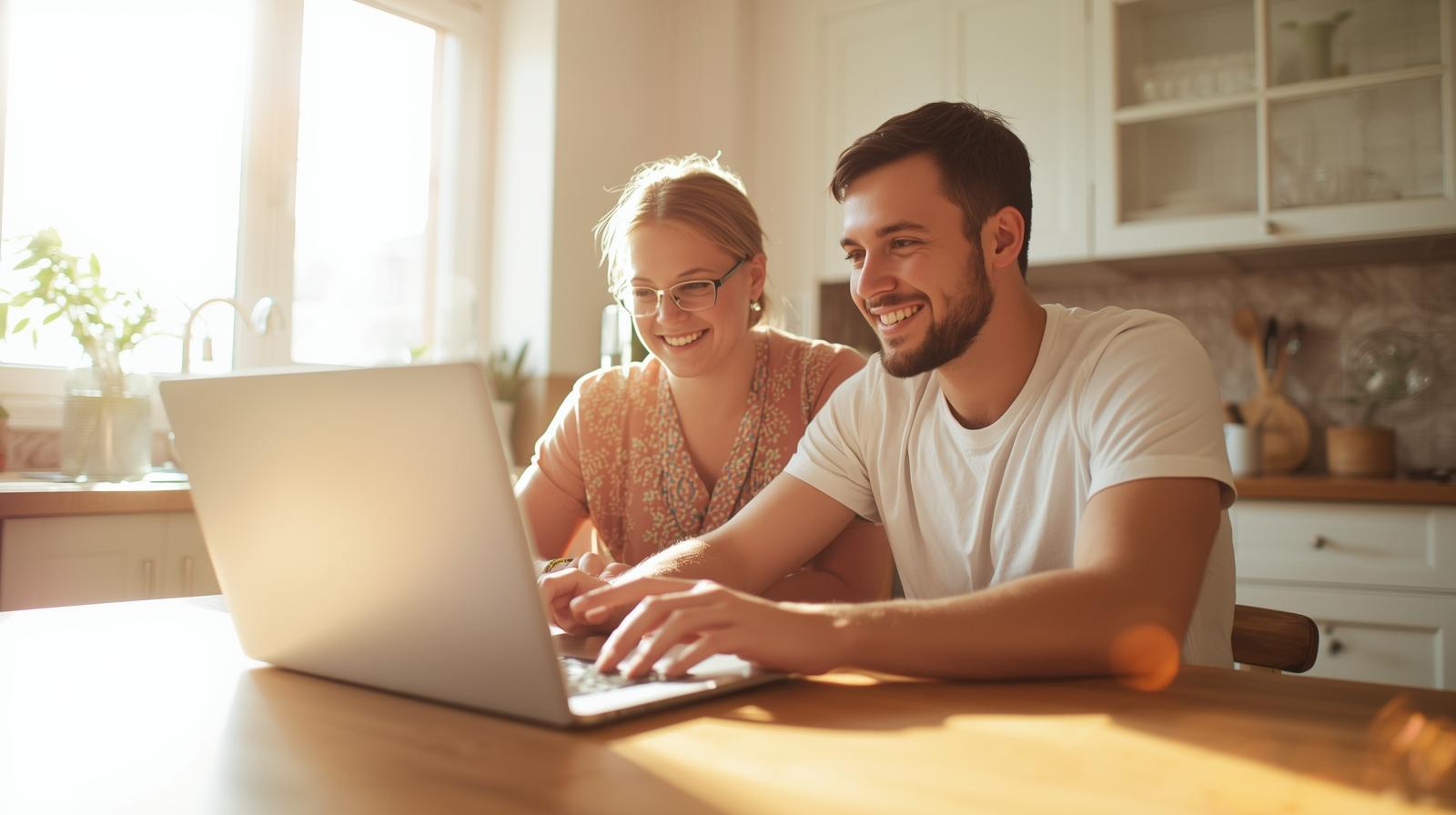 Happy friends reviewing casino bonuses on laptop together in a warm daylight kitchen.