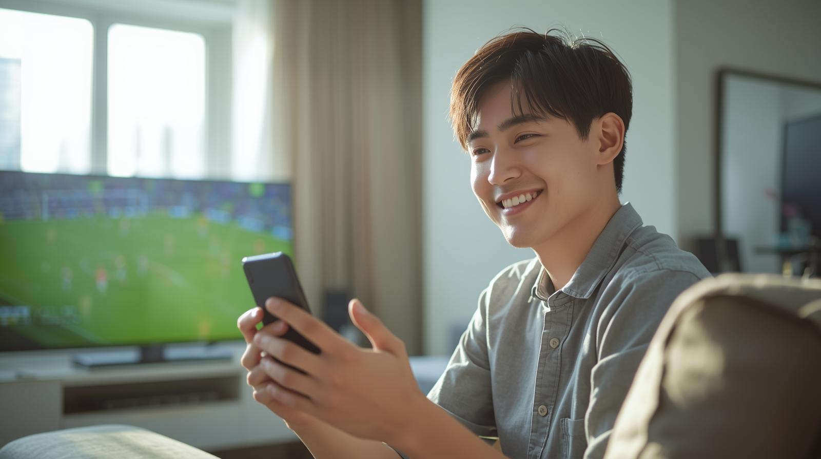 Smiling Korean man enjoying live football match on smartphone indoors.