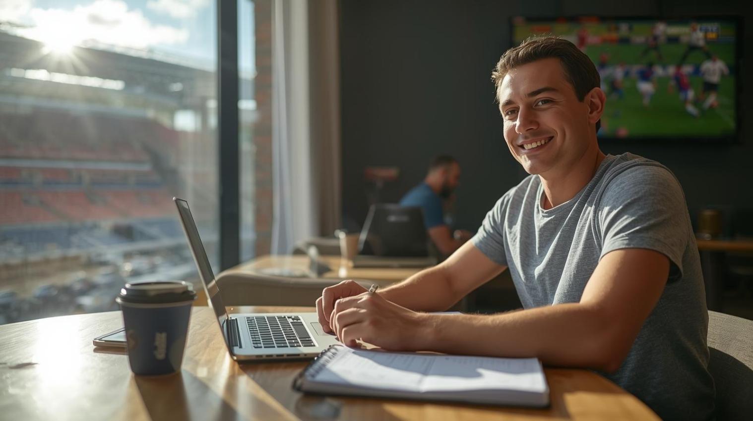 Smiling bettor reviewing match data in bright modern sports lounge.