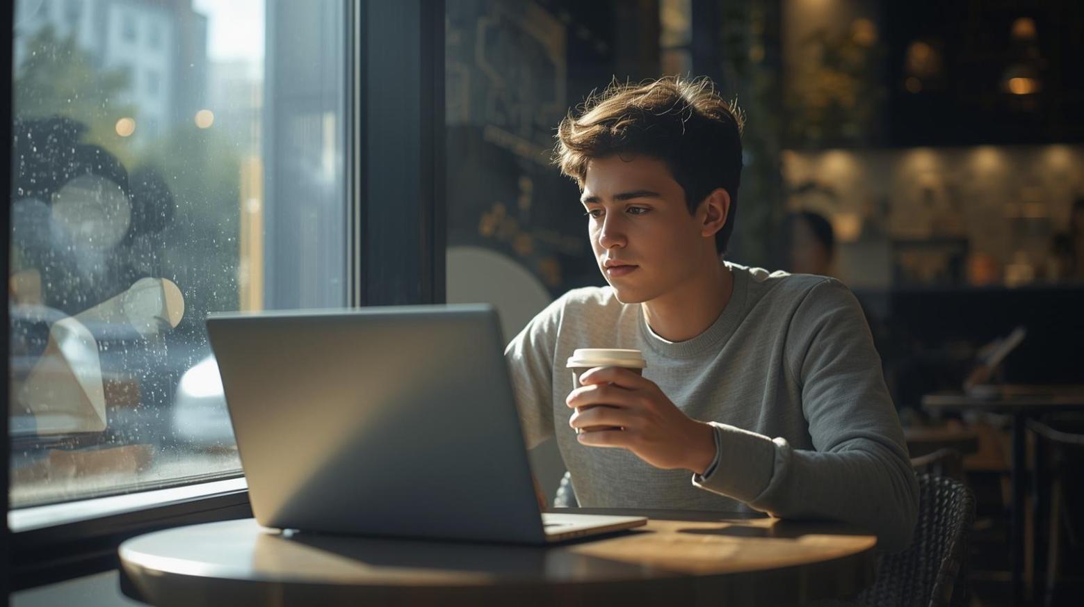 Young adult casually exploring online casino on laptop in bright cafe.